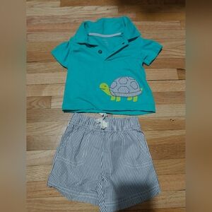 Carter's Bright Teal Polo Shirt With Turtle And Seersucker Shorts / 6-9 Months